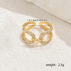 Настоящее золото 18K Геометрические латунные микропаве кубические цирконии открытые манжеты кольца для женщин, реальный 18 k позолоченный, внутренний диаметр: 16мм~18мм