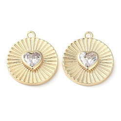 Прозрачный Настоящие 18 к позолоченные латунные подвески, со стеклом, плоский круглый с сердечками, прозрачные, 17x15x3 мм, отверстие : 1.4 мм