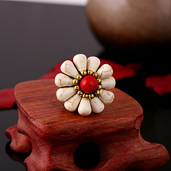 (404) Непрозрачное AB Кислое яблоко Бирюзовый восковой риз и латунные перстни, цветок, цветочный белый, внутренний диаметр: 18 мм