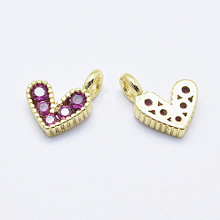 Real 18K Gold Plated Brass Micro Pave Cubic Zirconia Charms, Long-Lasting Plated, Lead Free & Nickel Free & Cadmium Free, Heart, Hot Pink, Real 18K Gold Plated, 9.5x6.5x2mm, Hole: 1mm