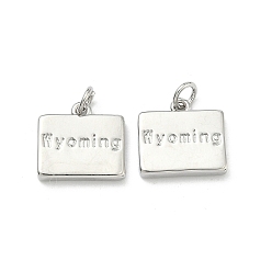 Platinum Brass Pendants, Rectangle with Word Wyoming Charms, Long-Lasting Plated, Rack Plating, Lead Free & Cadmium Free, Platinum, 13.5x15x3mm, Jump Ring: 5x1mm, 3mm inner diameter