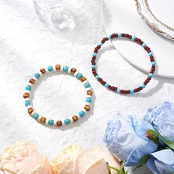Смешанные камни 2шт. 2 стили натуральный магнезит и синтетическая бирюза и стеклянные семена и круглые деревянные бусины эластичные браслеты для мужчин и женщин, внутренний диаметр: 2-1/8 дюйм (5.5 см)