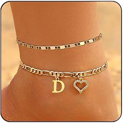 Letter D Двухслойные браслеты для щиколотки с латунными кристаллами и стразами в форме сердца, золотые, Буква D, 7-7/8 дюйм (200 мм), 2 шт / комплект