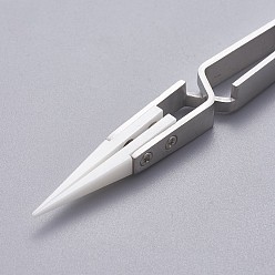 Stainless Steel Color Stainless Steel Beading Tweezers, with Porcelain, Stainless Steel Color, 14x0.85~0.9cm