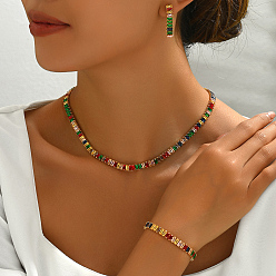 Разноцветный Комплекты браслетов, серег и ожерелий из прямоугольной латуни с кубическим цирконием для женщин, красочный, ожерелья: 16.54 дюйм (42 см)