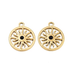 Настоящее золото 18K Ионное покрытие (ip) 304 кулон из нержавеющей стали, со стразами, плоский круглый & солнце, реальный 18 k позолоченный, 24x18x3 мм, отверстие : 1.8 мм