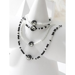 Черный Наборы из двойных ожерелий и браслетов из полимерной глины и стеклянных бусин в стиле инь-ян, чёрные, 360 мм