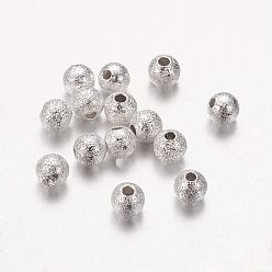 Silver Brass Textured Beads, Nickel Free, Round, Silver Color Plated, 4mm, Hole:1mm