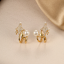Real 18K Gold Plated Brass Star Stud Earrings with Shell Pearl, Clear Cubic Zirconia Half Hoop Earrings, Real 18K Gold Plated, 17x13mm