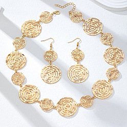Golden Alloy Round Hollow Link Necklace & Dangle Earring Sets for Women, Golden, 485mm