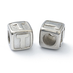 Letter T Устойчивые к потускнению 304 европейские бусины из нержавеющей стали, бусины с большим отверстием, горизонтальное отверстие, куб с письмом, цвет нержавеющей стали, letter.t, 8x8x8 мм, отверстие : 4 мм