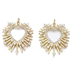 Настоящее золото 18K Латунные микропаве прозрачные подвески с фианитом, с прыжковых колец, без никеля , сердце, реальный 18 k позолоченный, 32x28x2.5 мм, Перейти кольцо: 5x1 мм, 3 мм