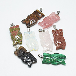 Mixed Stone Natural & Synthetic Mixed Stone Pendants, with Stainless Steel Snap On Bails, Owl, 39~45x20~22x7~10mm, Hole: 6x4mm