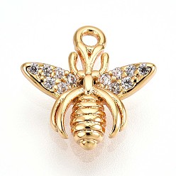 Настоящее золото 18K Латунные микропаве прозрачные подвески с фианитом, прелести пчел, без кадмия, без никеля и без свинца, реальный 18 k позолоченный, 11.1x10.8x2.3 мм, отверстие : 1.2 мм