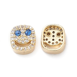 Dodger Blue Brass Micro Pave Cubic Zirconia Beads, Lead Free & Cadmium Free, Long-Lasting Plated, Real 18K Gold Plated, Oval with Smiling Face, Dodger Blue, 9x8x4mm, Hole: 1mm