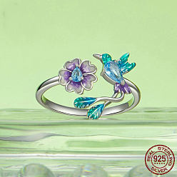 Платина 925 открытые манжеты из стерлингового серебра с микропаве из кубических цирконий для женщин, птица с цветком, родий, платина, внутренний диаметр: 16~19 мм