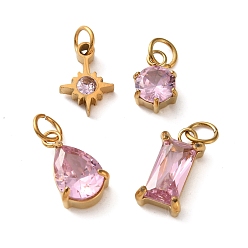 Pink 4Pcs 4 Styles 304 Stainless Steel & Glass Pendants, Star & Flat Round & Teardrop & Rectangle, with Jump Ring, Faceted, Ion Plating(IP), Long-Lasting Plated, Pink, 10~14x6.5~8x3~5mm, Hole: 3mm