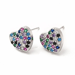 Platinum Rack Plating Brass Micro Pave Cubic Zirconia Stud Earrings for Women, Long-Lasting Plated, Lead Free & Cadmium Free, Heart, Platinum, 9.5x10mm, Pin: 0.8mm