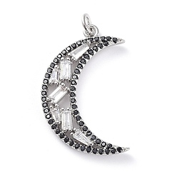 Платина Латунные микро проложить кубического циркония подвески, с прыжковых колец, луна, ясно и черный, платина, 28x18x3.5 мм, отверстие : 3 мм