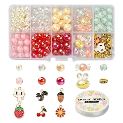 Mixed Color DIY Cute Stretch Bracelet Making Kit, Including Imitation Pearl & Candy & Rabbit Acrylic Beads, Squirrel & Strawberry & Cat & Acorns & Cherry Alloy Enamel Pendants, Mixed Color, 6mm, Hole: 2mm