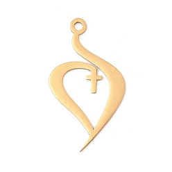 Настоящее золото 18K 201 подвески из нержавеющей стали, лазерная резка, сердце с крестиком, реальный 18 k позолоченный, 40.5x23x1 мм, отверстие : 2.5 мм