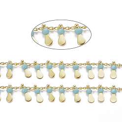 Aqua Handmade Glass Beaded Chains, with Real 18K Gold Plated Brass Side Twisted Chains Curb Chains, with Spool, Long-Lasting Plated, Soldered, Aqua, 2.5x2x1mm, teardrop,: 10x3x3mm, about 32.8 Feet(10m)/roll
