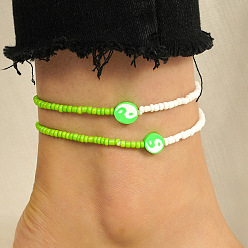 Зеленый газон 2шт. наборы эластичных браслетов на ногу из полимерной глины и стеклянных бусин инь-янь для женщин, зеленый газон, внутренний диаметр: 2-3/4 дюйм (70 мм)