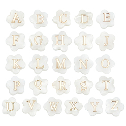 Letter A~Z 26 шт. 26 стили бусины из натуральных белых ракушек в виде цветка, золотые эмалевые бусины с буквами, Письмо ~ Z, 8x4.5 мм, отверстие : 0.8 мм, 1 шт / стиль