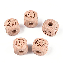 Слон Гравированные бусины из бука, неокрашенными, кубические, слон, 12x12x12 мм, отверстие : 4~4.5 мм