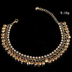 Золотой Сплав кристалл горный хрусталь теннисная цепь колокольчик кисточка браслеты на ногу, золотые, 8-5/8 дюйм (220 мм)