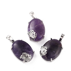 Amethyst Natural Amethyst Pendants, with Platinum Tone Brass Findings, Cadmium Free & Lead Free, Oval with Tree, 28~29.5x18.5x9.5mm, Hole: 8x5mm