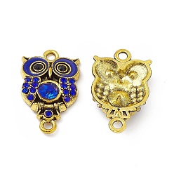 Blau Legierungs-Strass-Verbindungsstückcharme, Eule Reize, mit Emaille, Antik Golden, Blau, 25x15x4.5 mm, Bohrung: 2 mm