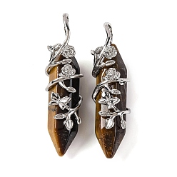 Тигровый глаз Двойные заостренные подвески с натуральным тигровым глазом, граненые подвески из латуни в цветочной обертке, платина, 50x12x15 мм, отверстие : 9x5 мм