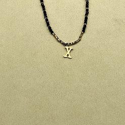 Letter X Женское ожерелье с подвеской из натуральной черной шпинели в форме круглой граненой буквы «Инициал» из нержавеющей стали, золотые, Письмо X, 14.96 дюйм (38 см)