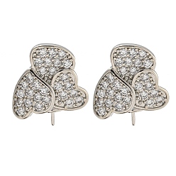 Platinum Rack Plating Brass Micro Pave Clear Cubic Zirconia Studs Earrings Finding, Cadmium Free & Lead Free, Long-lasting Plated, Heart, Platinum, 15x14mm, Pin: 0.8mm