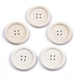 PapayaWhip Large Natural Wood Buttons, 4-Hole, Rim Button, Unfinished Wooden Button, Flat Round, PapayaWhip, 40x4.5mm, Hole: 2.5mm