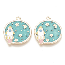 Teal Alloy Enamel Pendants, Cadmium Free & Lead Free, Flat Round, Light Gold, Teal, 29.5x25x1.5mm, Hole: 2mm