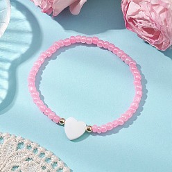 Pink Стрейч-браслеты из бисера, с натуральными пресноводными ракушками, сердце, розовые, внутренний диаметр: 2-1/4 дюйм (5.6 см)