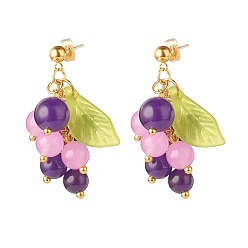 Разноцветный Серьги-гвоздики с подвесками из натурального малайзийского нефрита с акриловыми листьями, латунные серьги-кластеры для женщин, красочный, 35x14x19 мм, штифты : 0.7 мм