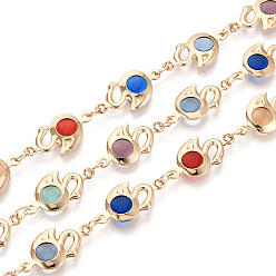 Light Gold Латунные цепочки ручной работы в форме лебедя, со стеклом, пайки, с катушкой, золотой свет, 18x9x2 мм, около 16.40 футов (5 м) / рулон