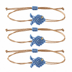 Cornflower Blue Ocean Adjustable Braided Wax Cord Fish Link Bracelet Sets with Brass Beads for Women, Adjustable Stackable Bracelets, Golden, Cornflower Blue, 11.02 inch(28cm), 3pcs/set