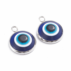 Stainless Steel Color Resin Pendants, with 304 Stainlesss Steel Settings, Evil Eye, Black & Blue, Stainless Steel Color, 19.5x16x5.5mm, Hole: 2.4mm