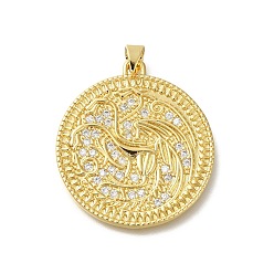 Настоящее золото 18K Покрытие стойки латунь с подвесками из фианита, долговечный, без свинца и без кадмия, плоские круглые прелести, реальный 18 k позолоченный, 32x29x1.5 мм, отверстие : 4x3.5 мм