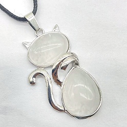 White Jade Natural White Jade Alloy Cat Shape Pendant Necklaces, Platinum, 23.62 inch(60cm)