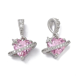 Бледно-Розовый Латунные микро проложить кубического циркония прелести, сердце прелести, платина, розовый жемчуг, 11.5x12x7.5 мм, отверстие : 5x2.5 мм