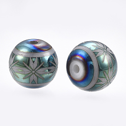 Cadet Blue Electroplate Glass Beads, Round with Flower Pattern, Cadet Blue, 8mm, Hole: 1mm, 300pcs/bag