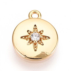 Настоящее золото 18K Латунные микропаве прозрачные подвески с фианитом, плоские круглые со звездой, без кадмия, без никеля и без свинца, реальный 18 k позолоченный, 12.6x10.5x2.4 мм, отверстие : 1.2 мм