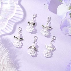 Античный Серебристый & Платиновый АБС-пластик имитация жемчуга подвесные украшения, ангел, с акрилом и сплавом в тибетском стиле, старинное серебро и платина, 44~46 мм