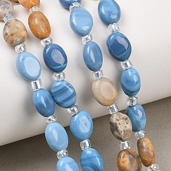 Смешанные камни Нити из натурального сумасшедшего агата, унакита, кварцевого кристалла, синтетического голубого кружевного агата и лимонного нефрита, Плоско-овальные, с бисером, 8~8.5x6~6.4x3.8~4 мм, отверстие : 0.7 мм, около 37 шт / нитка, 15.28'' (38.8 см)