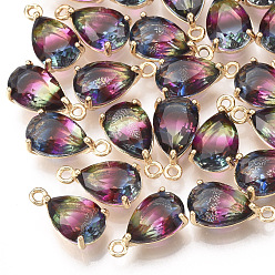 Разноцветный Стеклянные подвески, с латунной фурнитурой , граненые, слеза, золотые, красочный, 13x7x5 мм, отверстие : 1.2 мм